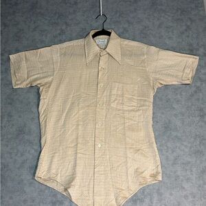 Vintage 70s Bamberger’s Mens Short Sleeve Shirt M Tan Disco Collar USA Old Money